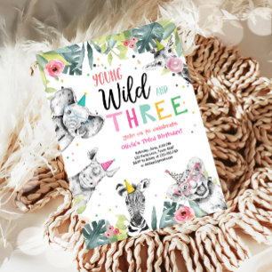 Invitation Jeune sauvage et trois ans Safari Animaux filles