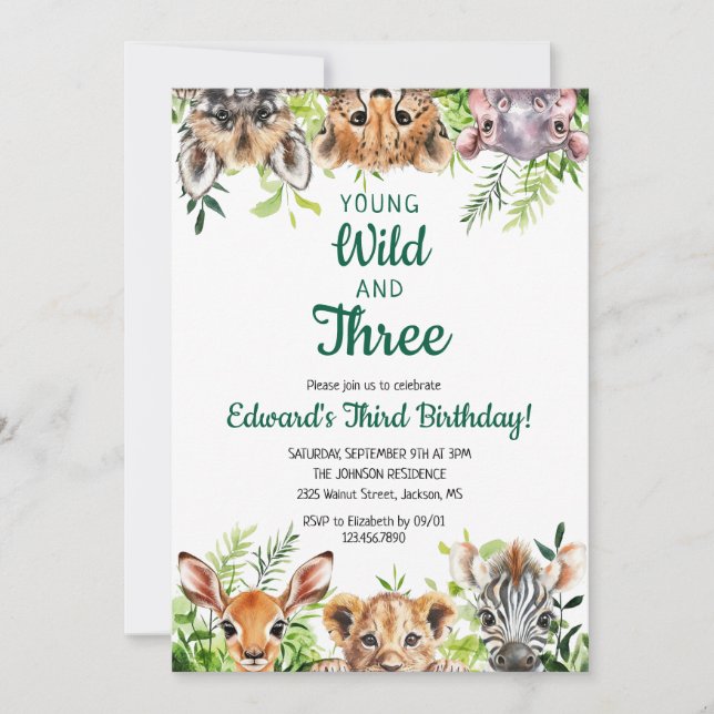 Invitation Jeune Sauvage Et Trois Beaux Animaux Safari Annive (Devant)