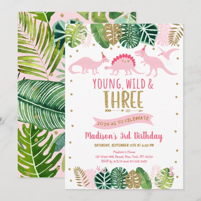 Invitation Jeune sauvage et trois dinosaures roses Anniversai (Devant / Derrière)