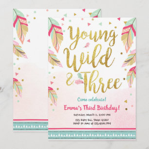 Invitation Jeune sauvage et trois plumes Or rose Anniversaire