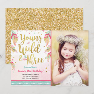 Invitation Jeune sauvage et trois plumes Or rose Anniversaire