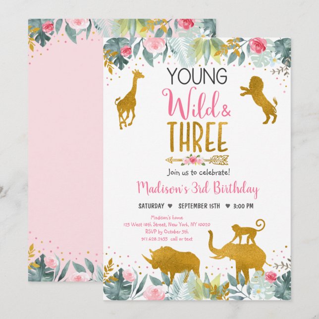 Invitation Jeune Wild Et Trois Pink Gold Safari Anniversaire (Devant / Derrière)