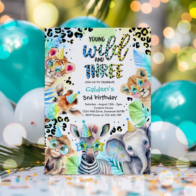 Invitation Jeune Wild Et Trois Safari Blue Boy Anniversaire (Créateur téléchargé)