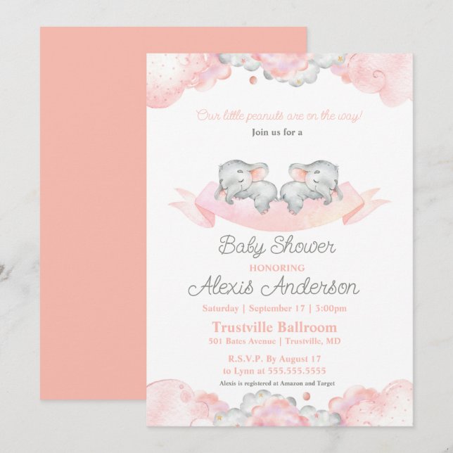 Invitation Jeunes filles couchage Twins Elephants Baby shower (Devant / Derrière)