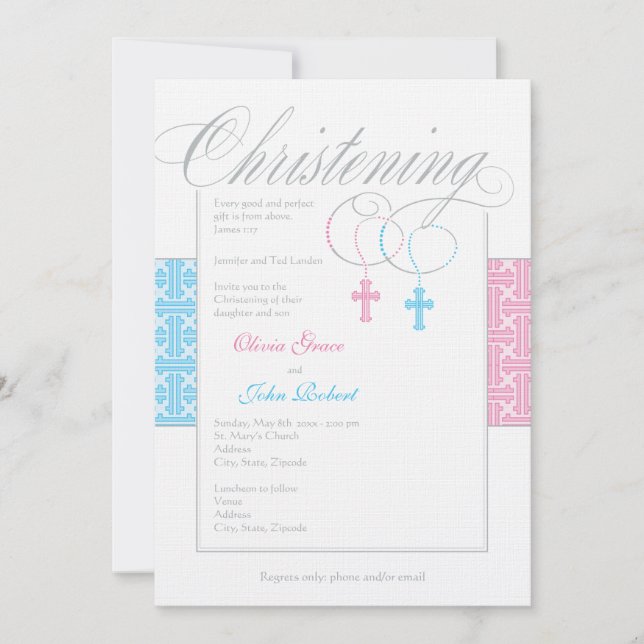 Invitation Jeunes garçons et filles jumeaux Christening Invit (Devant)