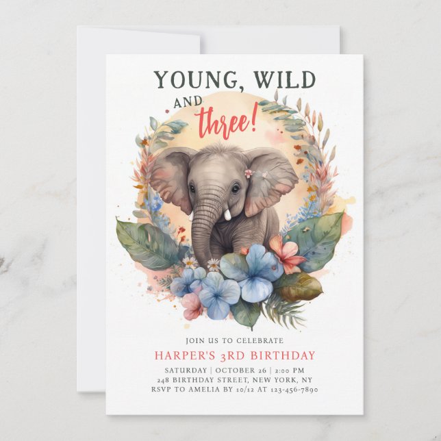 Invitation Jeunes Sauvages Trois 3e Anniversaire Enfants Élép (Devant)