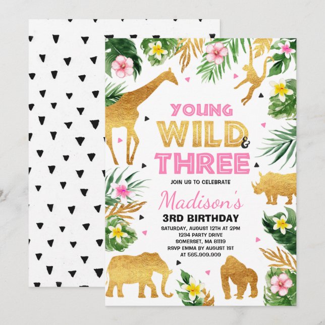Invitation Jeunes trois d'anniversaire de safari animaux (Devant / Derrière)