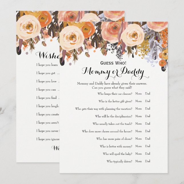 Invitation Jeux de baby shower - Voeux pour bébé et Devinez q (Devant / Derrière)