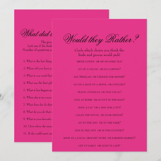 Invitation Jeux de Fête de Mariage Rose Chaud Double Face (Devant / Derrière)