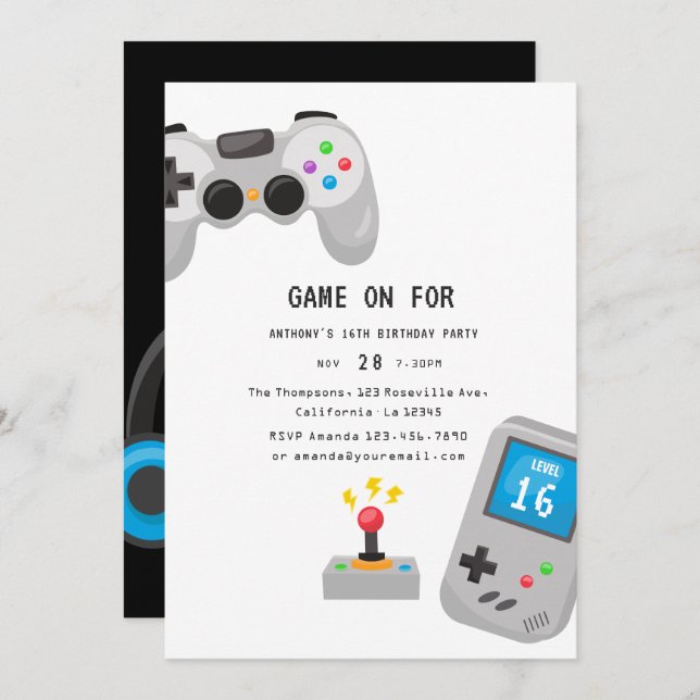 Invitation Jeux vidéo fête d'anniversaire (Devant / Derrière)