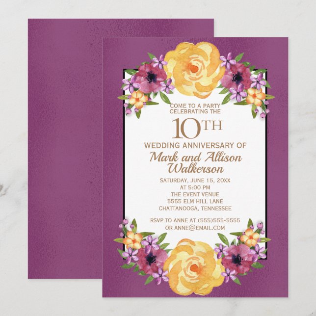 Invitation Jewel Tone Violet Jaune Floral 10e Anniversaire (Devant / Derrière)