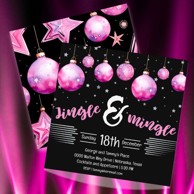 Invitation Jingle de Noël noir et rose (Hot pink and a lot of drama for your Jingle and Mingle holiday party. Fully customizable )