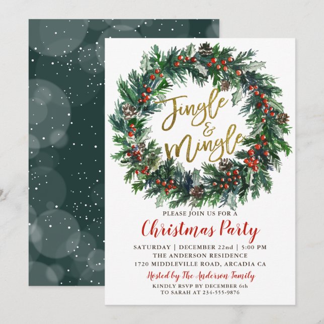 Invitation Jingle et Mingle Holly Berries fête de Noël (Devant / Derrière)