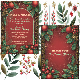 Invitation Jingle et Mingle Motifs de houx de Noël Baie rouge