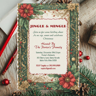 Invitation Jingle et Mingle Noël Rouge Vert Or Vintage