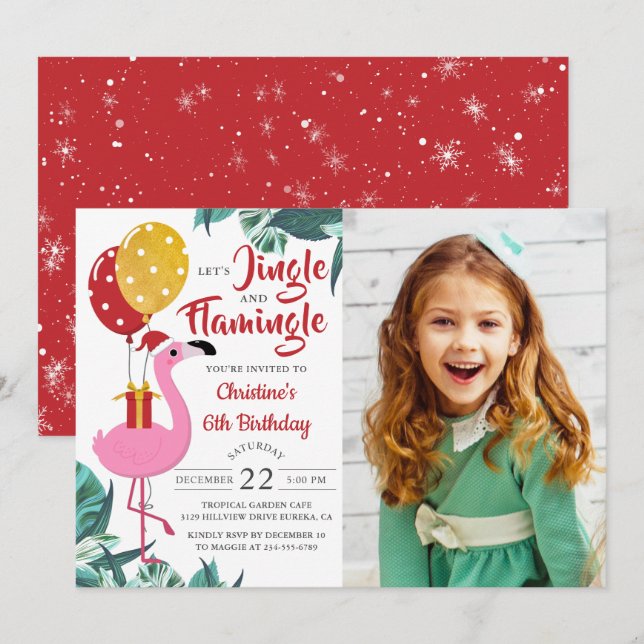 Invitation Jingle Flamant rose Tropical Noël Anniversaire Pho (Devant / Derrière)