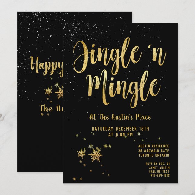 Invitation Jingle Mingle Black Gold Calligraphie (Devant / Derrière)