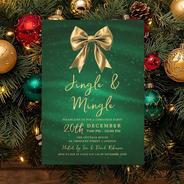 Invitation Jingle Mingle Christmas Gold Bow Silver Green (Jingle Mingle Christmas Gold Bow Silver Green Invitation)
