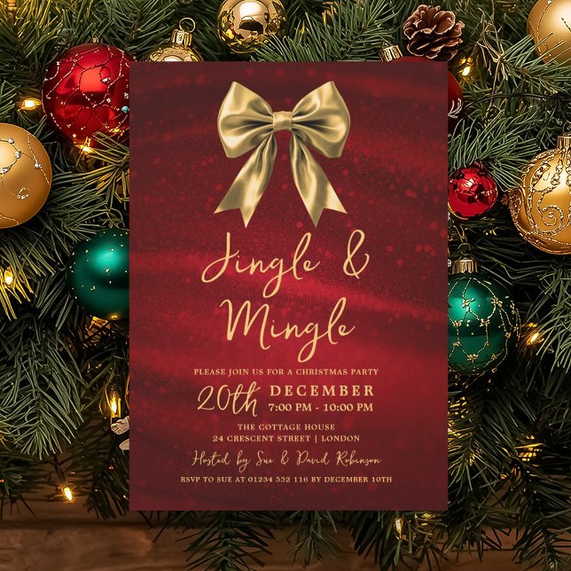 Invitation Jingle Mingle Christmas Party Gold Bow Silver Red (Jingle Mingle Christmas Party Gold Bow Silver Red Invitation)