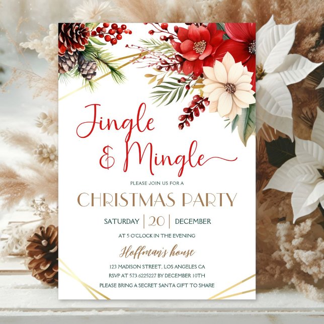 Invitation Jingle & Mingle Christmas Party Red Poinsettia (Créateur téléchargé)