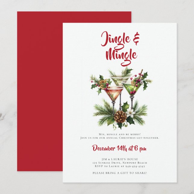 Invitation Jingle Mingle Cocktails Martini Christmas Party (Devant / Derrière)