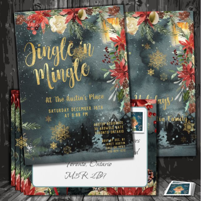 Invitation Jingle & Mingle Gold Floral Green Party (Créateur téléchargé)