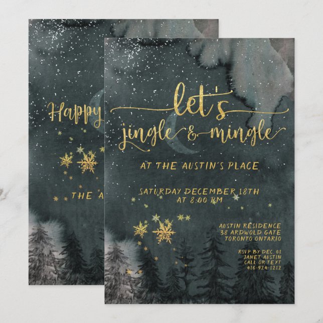 Invitation Jingle & Mingle Gold Woodland Holiday Party (Devant / Derrière)