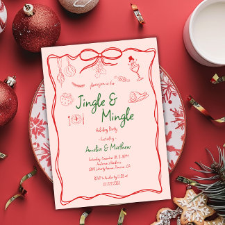 Invitation Jingle Mingle Noël Dessins à la Main Rouges
