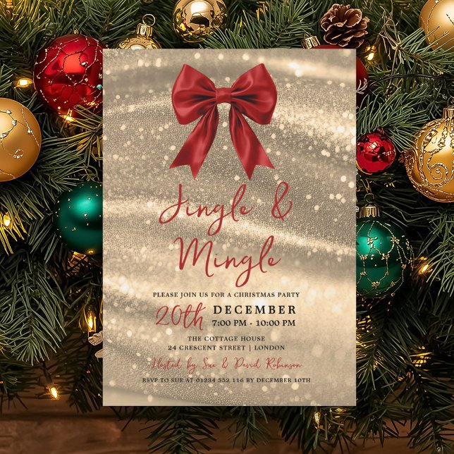 Invitation Jingle & Mingle Xmas Party Gold Sparkle Red Bow  (Jingle & Mingle Xmas Party Gold Sparkle Red Bow Invitation)