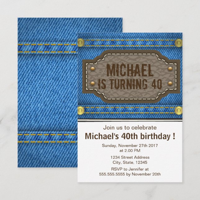 Invitation Jjeans en denim bleu avec étiquette en cuir fête d (Devant / Derrière)