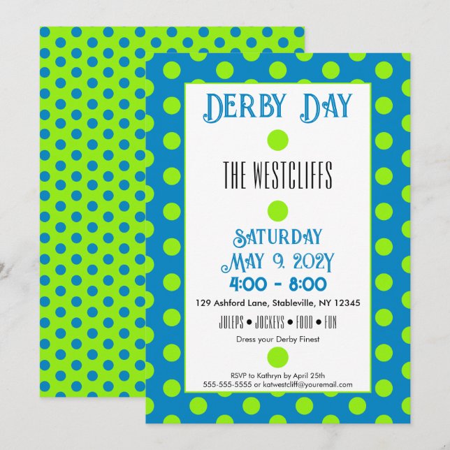 Invitation Jockey Dots en soie Vert et Bleu Derby (Devant / Derrière)