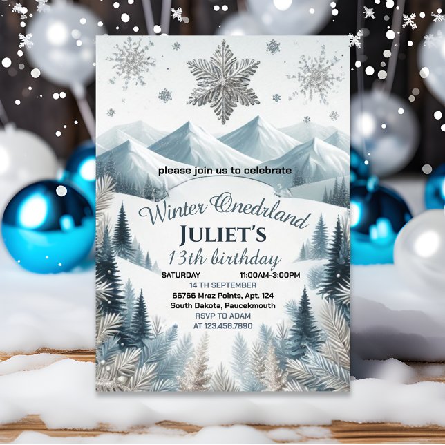 Invitation joie bleu fille neige hiver Onederland 13e anniver (Créateur téléchargé)