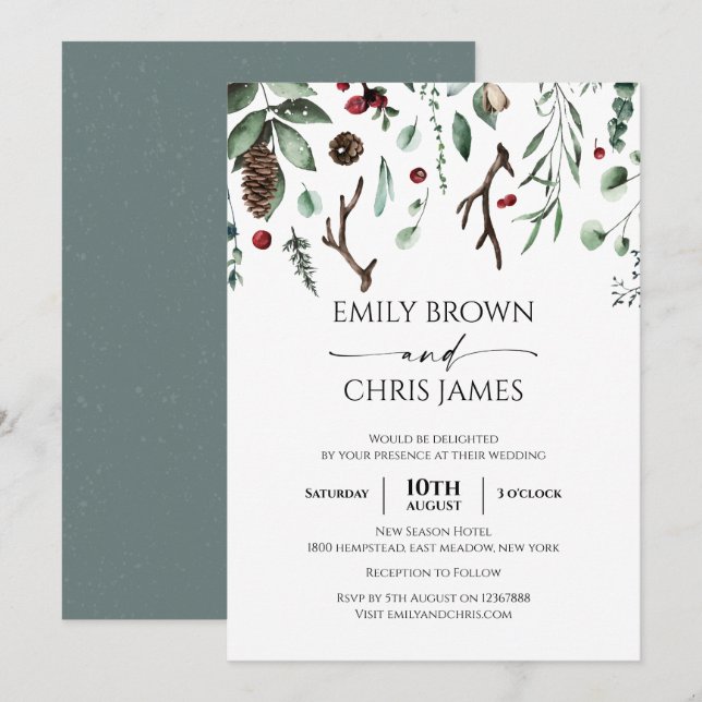 Invitation Joie de Noël | Elégante aquarelle Mariage d'hiver (Devant / Derrière)