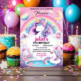 Invitation joie girly mignonne rose violet licorne 1er annive