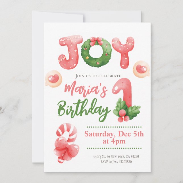 Invitation Joie Noël hiver Enfants 1er anniversaire Invitatio (Devant)