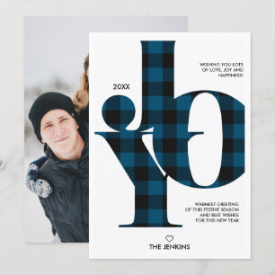 Invitation Joie Typographie Bleu Buffalo Plaid Photo Holiday