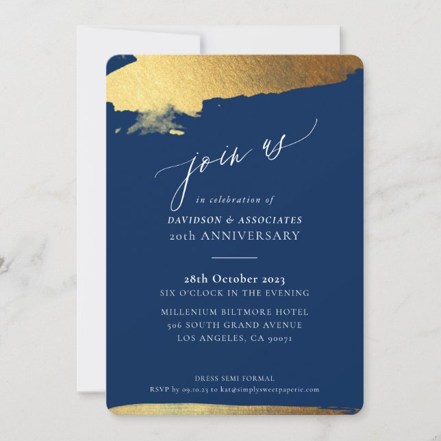 Invitation JOIN US calligraphie or formel bordures marine bla (Devant)