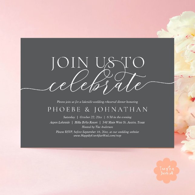 Invitation Join Us To Celebrate, Wedding Rehearsal Dinner (Join Us To Celebrate, Modern Classy Wedding Rehearsal Dinner Invitation card in dark grey)