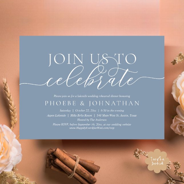 Invitation Join Us To Celebrate, Wedding Rehearsal Dinner (Join Us To Celebrate, Modern Classy Wedding Rehearsal Dinner Invitation card in dusty blue)