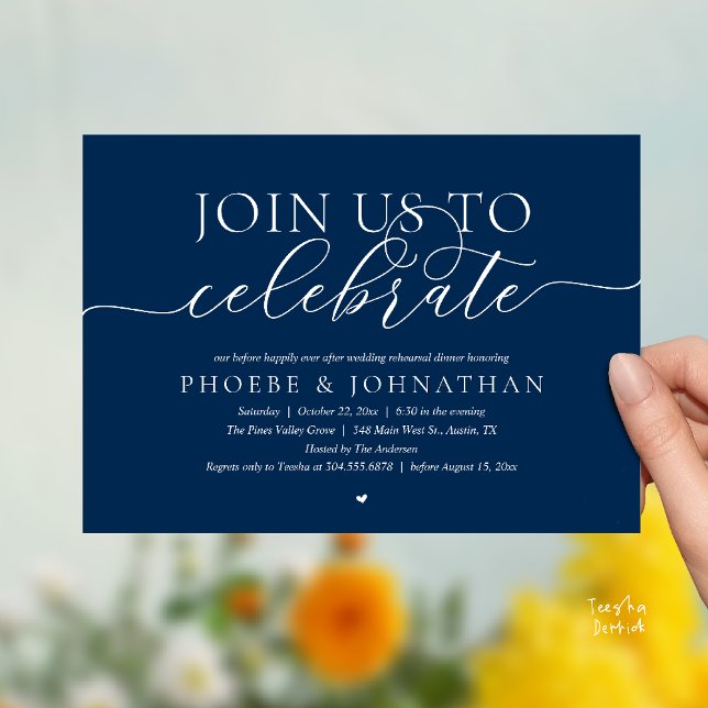 Invitation Join Us To Celebrate, Wedding Rehearsal Dinner (Join Us To Celebrate, Wedding Rehearsal Dinner Invitation card in navy blue)