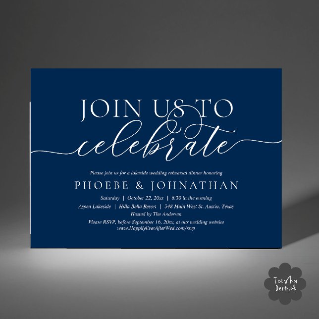 Invitation Join Us To Celebrate, Wedding Rehearsal Dinner (Join Us To Celebrate, Wedding Rehearsal Dinner Invitation card in navy blue)