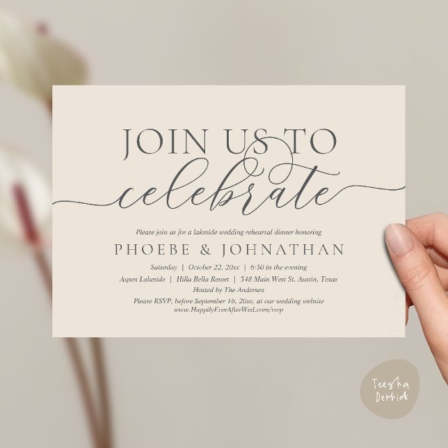 Invitation Join Us To Celebrate, Wedding Rehearsal Dinner (Join Us To Celebrate, Modern Classy Wedding Rehearsal Dinner Invitation card in cream grey)