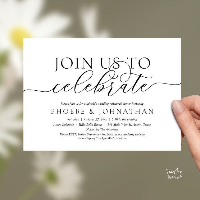 Invitation Join Us To Celebrate, Wedding Rehearsal Dinner (Join Us To Celebrate, Modern Classy Wedding Rehearsal Dinner Invitation card in black and white)