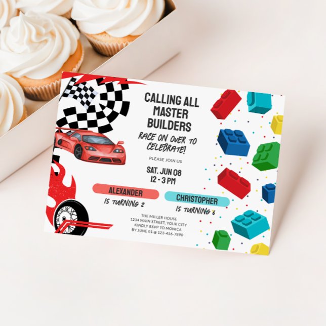 Invitation Joint Building Blocks & Race Cars Sibling Birthday (Dual Kids Birthday Invite - Race Cars and Building Blocks)
