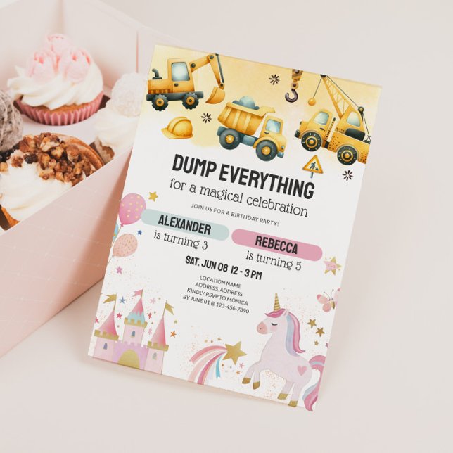 Invitation Joint Construction & Unicorn Sibling Birthday (Joint Kids Birthday Party Invitation - Dump Trucks & Unicorns)