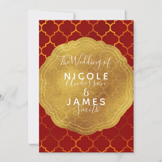 Invitation Joint Doré Feuille Fiery Red Mariage Indien Maroca (Devant)