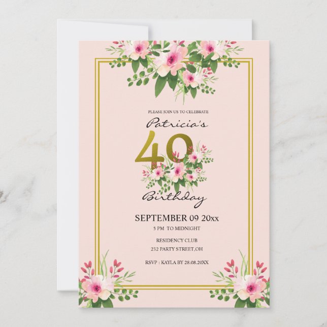 Invitation Joli 40e anniversaire Floral Rose and Gold (Devant)