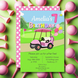 Invitation Joli 7e Anniversaire Golf Féminin Rose à pois 