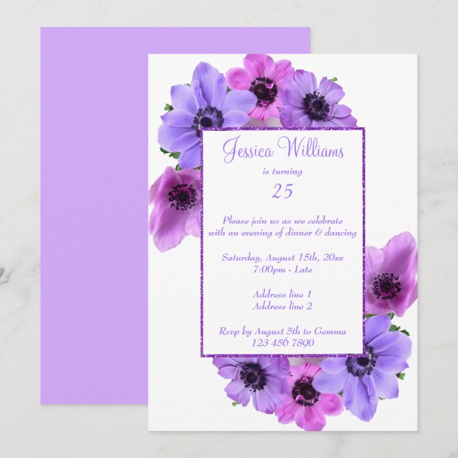 Invitation Joli Anemones Floral 25e anniversaire (Devant / Derrière)