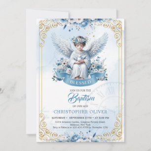 Invitation Joli ange bleu fleurs or cadre garçon Baptême